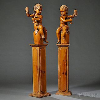 Pair of Carved Wood Figures of Bacchanalian Boys