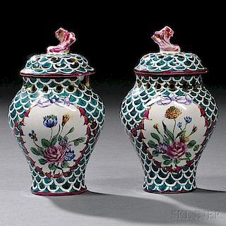 Pair of Faience Potpourri Vases and Covers