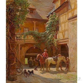 Rudolf Schacht (German, 1900-1974)      Horsemen in a Sunny Courtyard