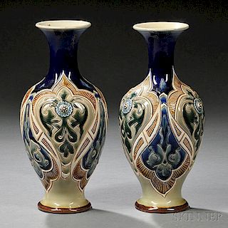Pair of Doulton Lambeth Frank Butler Decorated Vases