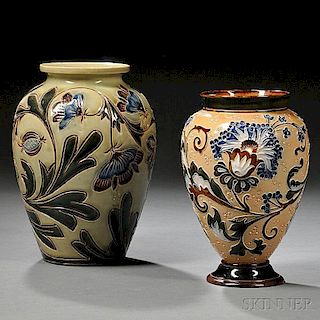 Two Doulton Lambeth Mark V. Marshall Decorated Stoneware Vases