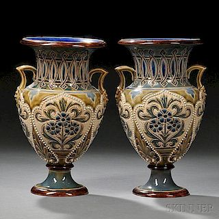Two Matching Doulton Lambeth Eliza Simmance Decorated Stoneware Vases