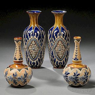 Two Pairs of Doulton Lambeth Emily Stormer Decorated Stoneware Vases
