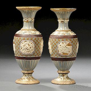 Two Similar Doulton Lambeth Marqueterie Ware Vases