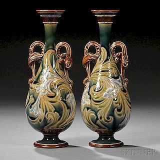 Pair of Doulton Lambeth Eliza Simmance Decorated Stoneware Vases