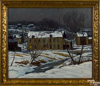 Andrew Woehrel (American b. 1958), oil on board, titled Spring Valley Mill, signed lower right,