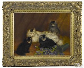 Ben Austrian (American 1870-1921), oil on canvas of cats with a spilled vase of flowers, signed lo