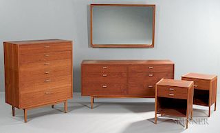 Two Mid-Century Chests of Drawers, Mirror, and Two Nightstands