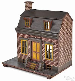 Painted pine doll house, ca. 1900, with a faux brick surface, together with a group of miniature f