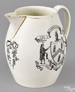 Liverpool pitcher, early 19th c., decorated with The Cordwainers' Arms, the reverse with Palemon a