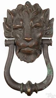 English bronze lion mask door knocker, 19th c., 9 1/2'' h.