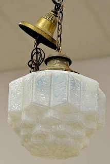Six piece lot to include an art deco blue opalescent light fixture along with five art deco white glass shades.