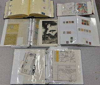 Five piece lot to include three binders of mostly international stamps and two binders with miscellaneous maps, etchings, etc