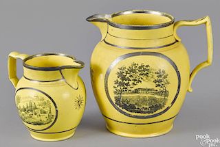 Two English canary pitchers, early 19th c., with silver lustre highlights, 6 3/4'' h. and 4 1/2'' h.