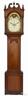 Pennsylvania Federal cherry tall case clock, ca. 1810, with an eight-day movement, a moon phase, a