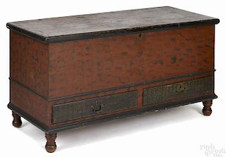 Pennsylvania painted pine blanket chest, ca. 1830, retaining its original red and black swirl deco