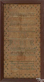 Pennsylvania silk on linen sampler, dated 1826, wrought by Belinda Cassell at Catharine M Bra