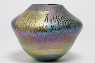 Modernist Art Glass Vase, Iridescent & Gilt