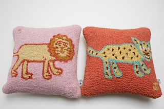 Folk Art Hooked Wool Pillows, Depicting Cat & Lion