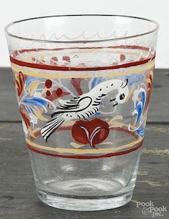 Stiegel type enameled, blown glass tumbler, 19th c., with bird and floral decoration, 4'' h.