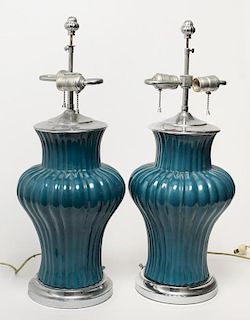 Mid-Century Modern Teal Ceramic Table Lamps