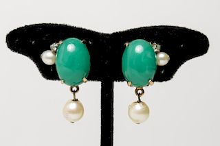 Costume Green Glass & Faux Pearl Earrings