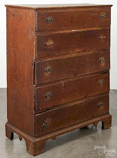 New England pine semi tall chest, late 18th c., retaining traces of an old red stain 54'' h., 40 1/2''