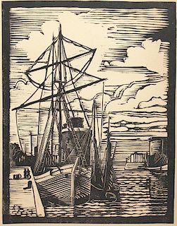 WPA-Era Woodcut of a Sailing Ship at Dock