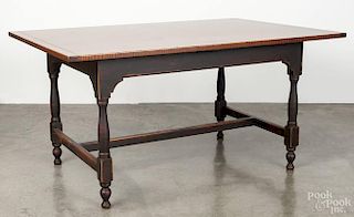 Contemporary tiger maple and painted pine dining table, stamped Benner's Lebanon Ohio, 30'' h., 60''