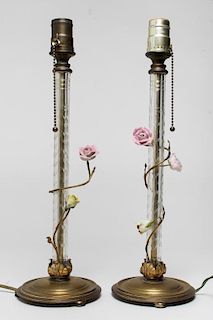 Cut Glass Stick Lamps with Porcelain Roses