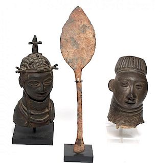 2 African Benin Heads & Antique Spear Point