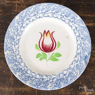 Blue and white spongeware tulip plate, 19th c., 8 3/4'' dia.