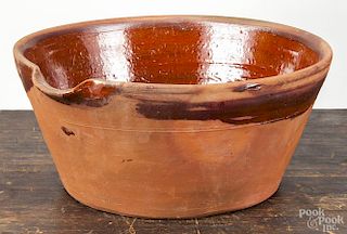 Large Pennsylvania redware batter bowl, 19th c., 7'' h., 13 1/2'' dia.