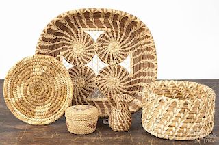 Five pieces of Native American basketry, 20th c., tray - 11'' x 10 1/4''.