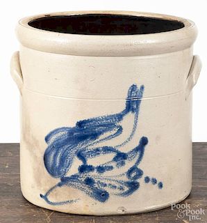 Three-gallon stoneware crock, 19th c., probably New York, with cobalt bird decoration, 10 1/4'' h.