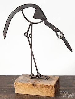 Welded steel sculpture of a crane, signed Heise, with stand, 20 1/2'' h.