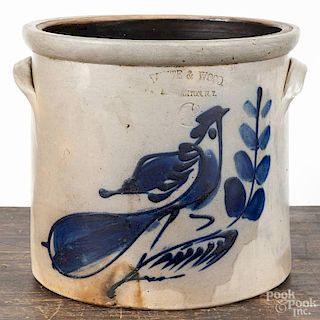 New York three-gallon stoneware crock, impressed White & Wood Binghamton N.Y., with cobalt bird de