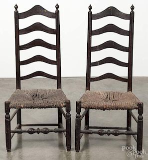 Pair of Delaware Valley ladderback side chairs, 18th c., with five graduated slats and bulbous turni