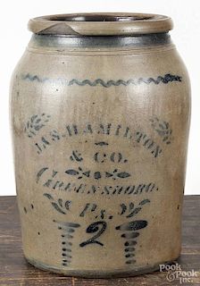 Pennsylvania two-gallon stoneware crock, 19th c., inscribed Jas. Hamilton & Co. Greensboro Pennsylv