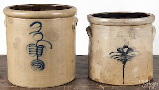 Two stoneware crocks, 19th c., with cobalt floral decoration, one impressed Haxstun & Co. Fort Edwa