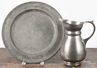Pewter charger, ca. 1800, unmarked, 15'' dia., together with a Holland pewter water pitcher, early 20
