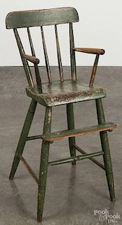 Pennsylvania painted pine high chair, 19th c., retaining an old apple green surface, overall height