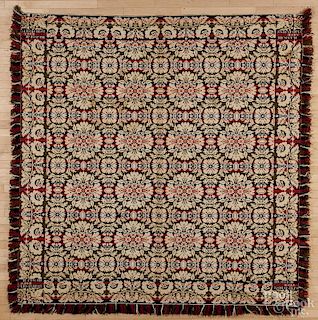Jacquard coverlet, mid 19th c., inscribed Hannah Jane Clemmens, 88'' x 94''.