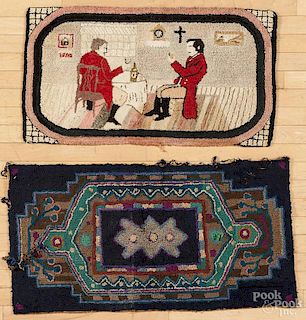 Two hooked rugs, early 20th c., to include one in a prayer rug style, 40'' x 20'', and one with a gent
