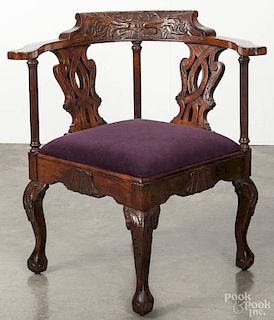 Centennial Chippendale carved mahogany corner chair, overall height - 29 1/2''.
