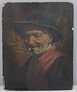 Singed 19th C. Oil on Panel. Man Smoking a