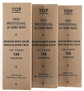 Three Boxes Beech-Nut Spearmint 100 Count Tab Gum for Vending.