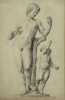Old Master Graphite Drawing of a Faun and Putto.