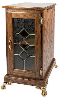 Oak Slot / Vending Machine Stand with Glass Panel Front Door and Fancy Brass Plated Legs.