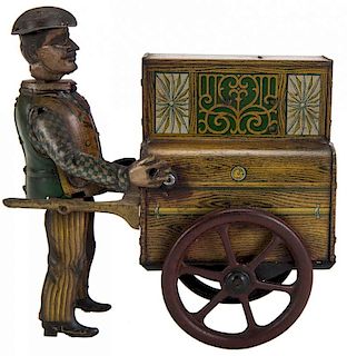 German Distler Wind-Up Tin Litho Organ Grinder Toy.